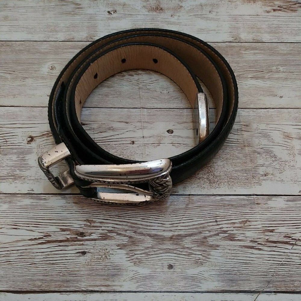 BRIGHTON BLACK REPTILE exotic printed Leather Belt SILVER Buckle M - Picture 10 of 11